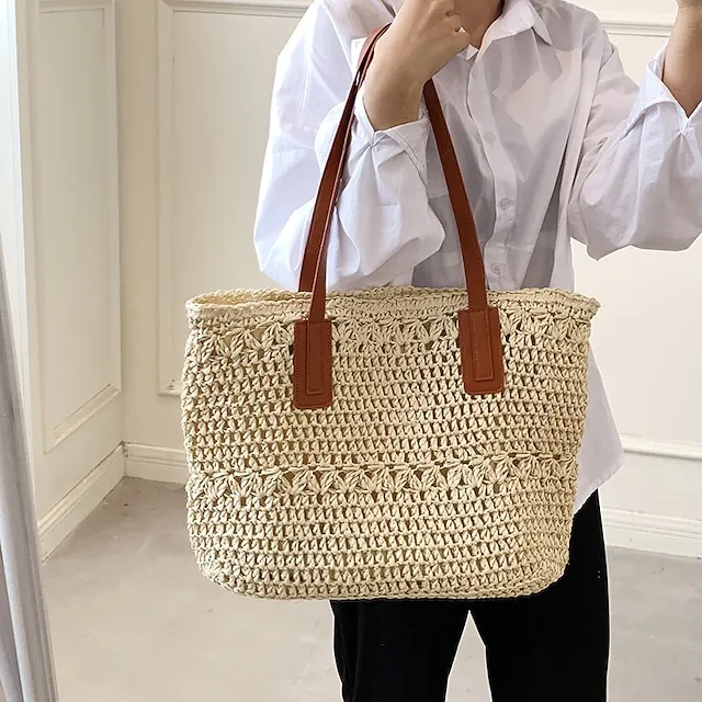 Women's Top Handle Bag Straw Bag Shoulder Bag Straw Outdoor Daily Zipper Solid Color Khaki Beige