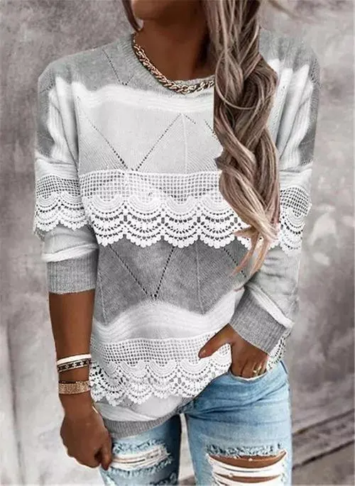 Round Neckline Color Block Casual Regular Sweaters