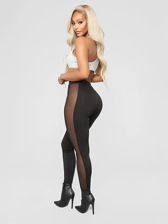 Women's Tights Leggings Black Mid Waist Fashion Club Weekend Stretchy Ankle-Length Comfort Plain S M L XL XXL / Slim
