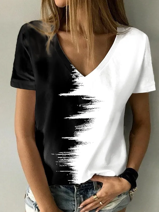 Women's T shirt Tee Black White Gray Graphic Letter Print Short Sleeve Daily Weekend Daily Basic Casual V Neck Regular S
