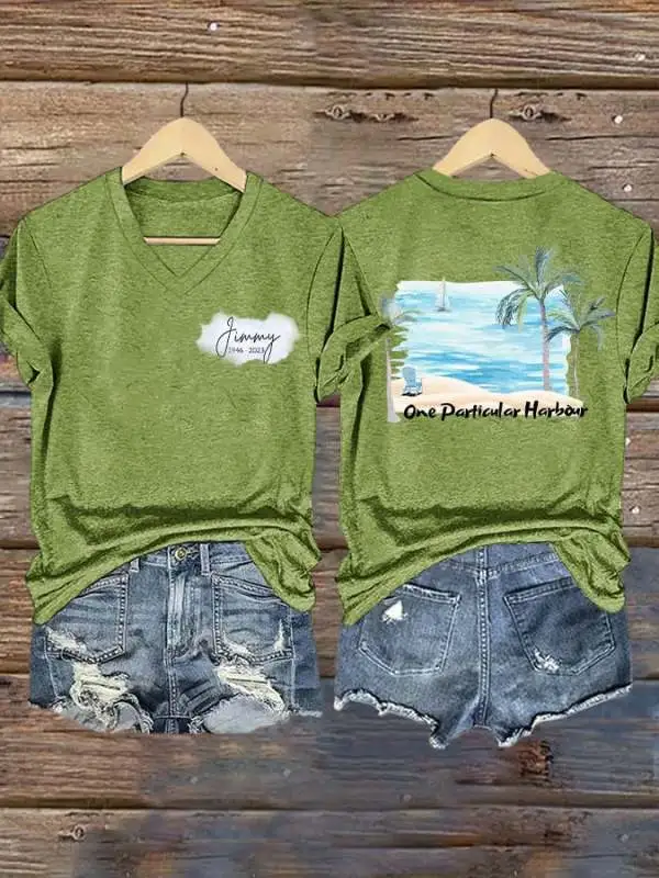 V Neck Retro Harbour Palm Trees Print T-Shirt
