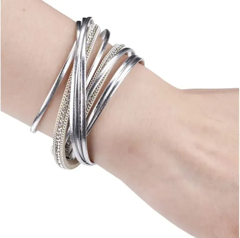 Fesciory Leather Wrap Bracelets for Women, Boho Leopard Multi-Layer Crystal Beads Cuff Bracelet Jewelry