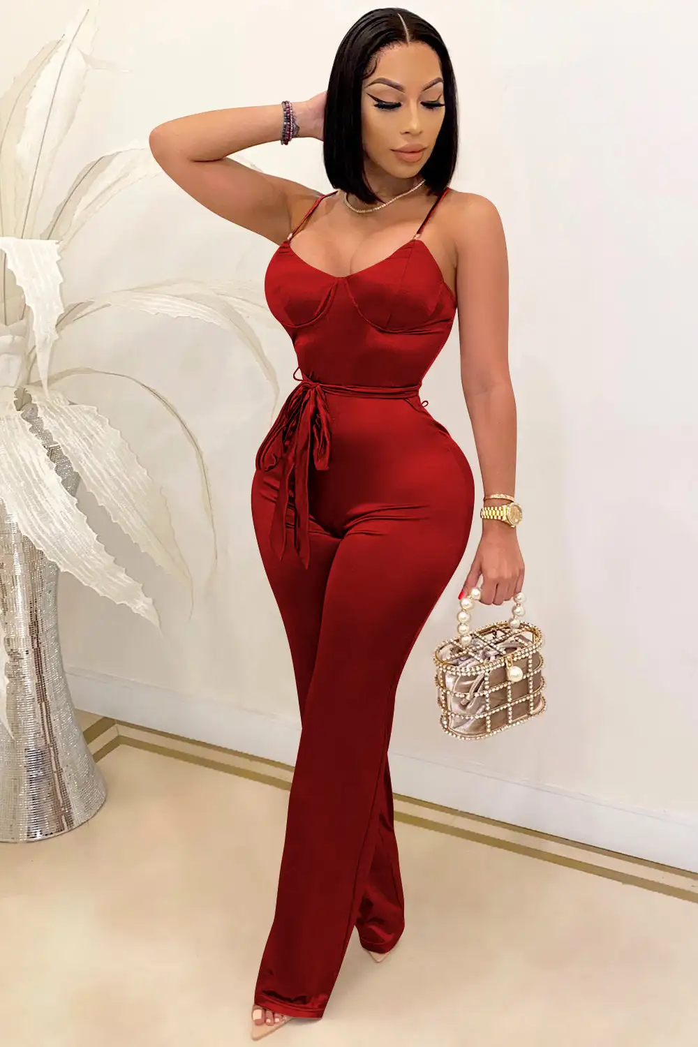 V Neck Sleeveless Tie Jumpsuit