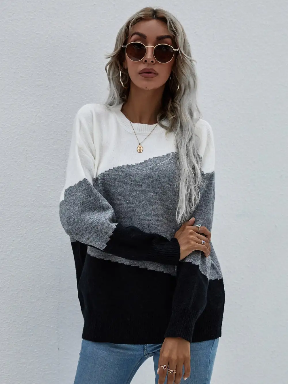 Color Block Dropped Shoulder Pullover Sweater