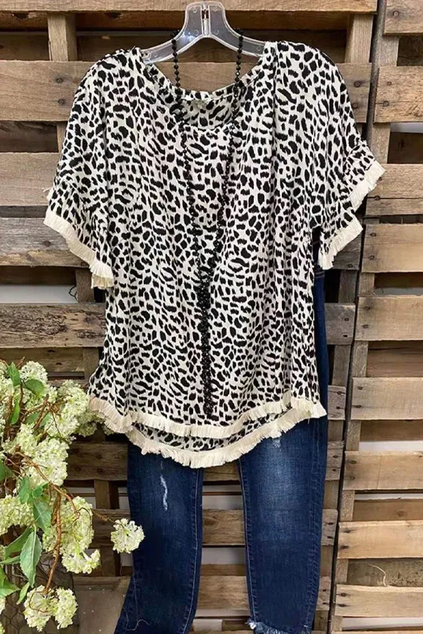 Leopard Print Short Sleeve Frayed T-Shirt