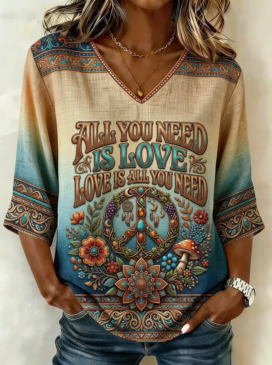 Women's Nashville Boho Peace Sign Floral Printed V-neck Top