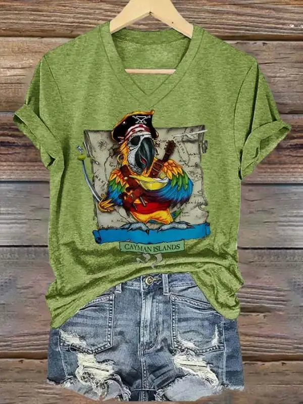 Women's V-neck short-sleeved printed T-shirt