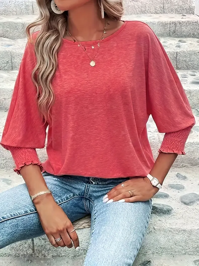 Elegant Women's Lavender Mid-Sleeve T-Shirt - Casual Crew Neck, Soft Polyester Blend with Subtle Cuff Detail, Machine Washable - Ideal for Spring/Summer/Fall