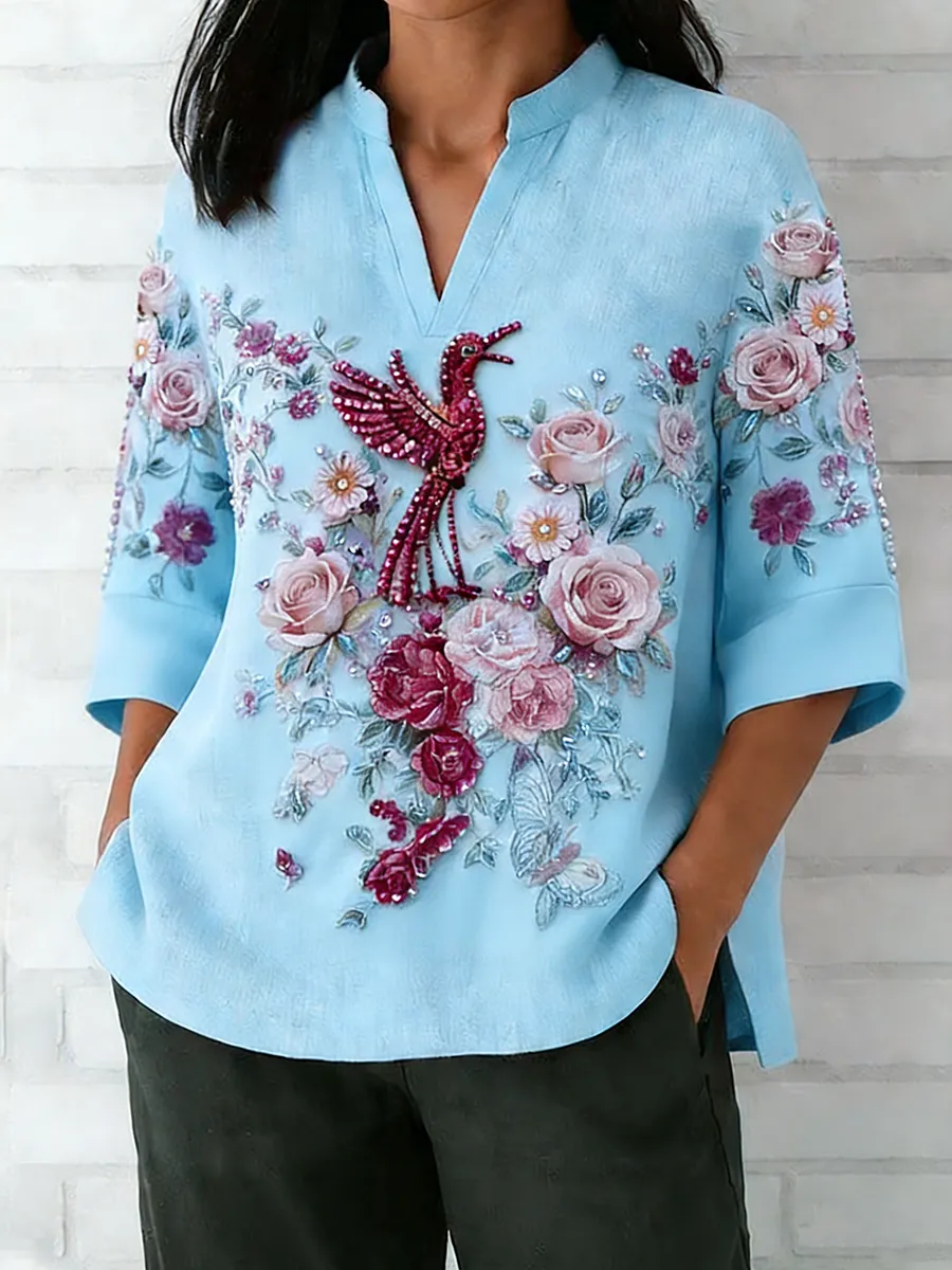 Women's Retro Pink Flower Flying Bird Embroidery Art Linen Blended V-Neck Top