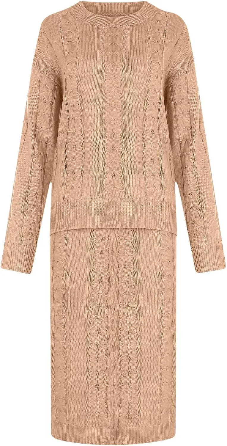 Women 2 Piece Outfits Knitted Sweater Tops and Long Skirt Turtleneck Long Sleeve Bodycon Dress Set Chunky Cable Knit