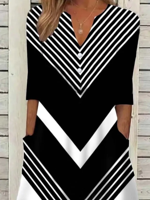 Women's Casual Dress Shift Dress Midi Dress Black and white stripes Green Dark Blue Half Sleeve Color Block Button Summer Spring V Neck Basic Vacation 2023 S M L XL XXL 3XL