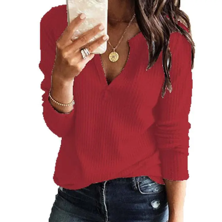 Autumn V-neck Long Sleeve Solid Splice Sweater