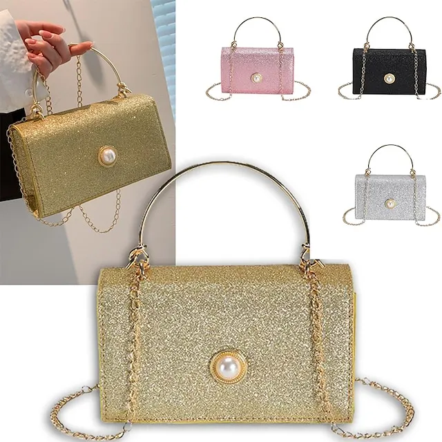 Women's Handbag Crossbody Bag Shoulder Bag PU Leather Party Daily Holiday Pearls Chain Durable Solid Color Silver Black Pink