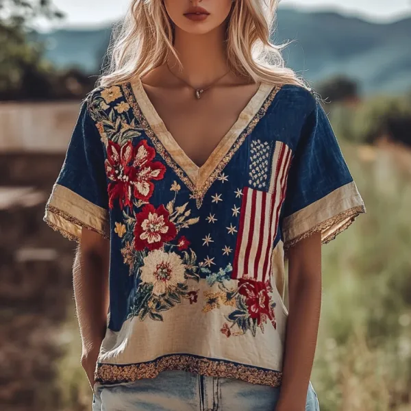 Independence Day Flag Flower Embroidered Women's Linen Blend V-neck T-shirt