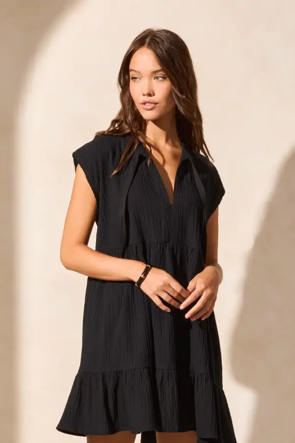 Crinkle Cotton Cap Sleeve Tiered Cover-Up Dress-Black