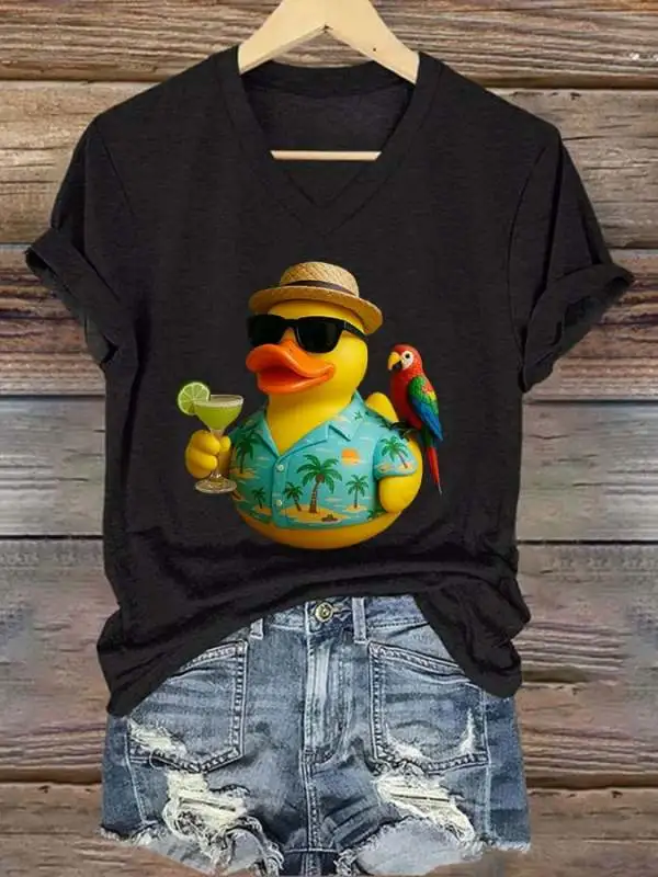 V-Neck Retro Jimmy Parrot Margarita Memorial Duck Print T-Shirt