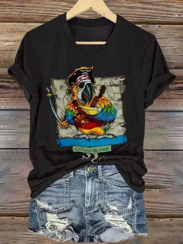 Women's V-neck short-sleeved printed T-shirt