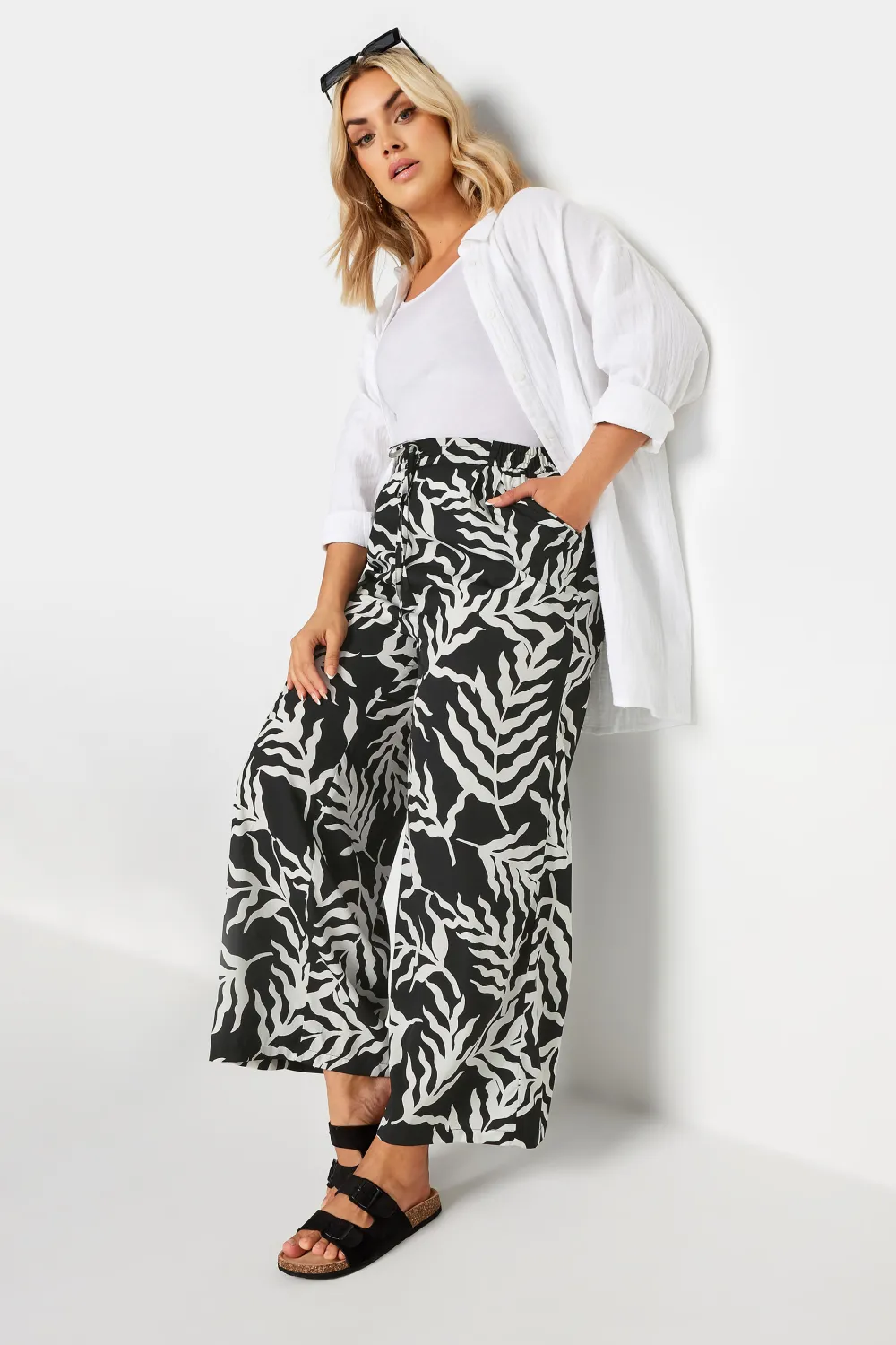 Yours Curve Black Leaf Print Drawstring Wide Leg Trousers