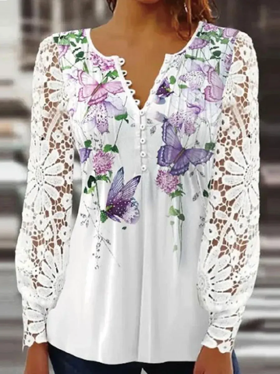 Round Neck Casual Loose Floral Print Lace Long Sleeve T-Shirt