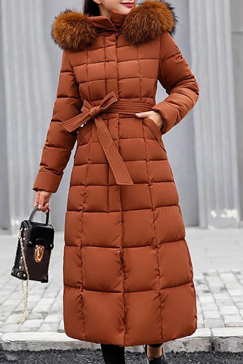 Hooded Fur Collar Belt Plain Coat