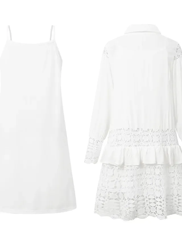 Women's Lace Shirt Dress Casual Dress Cotton Linen Dress Mini Dress