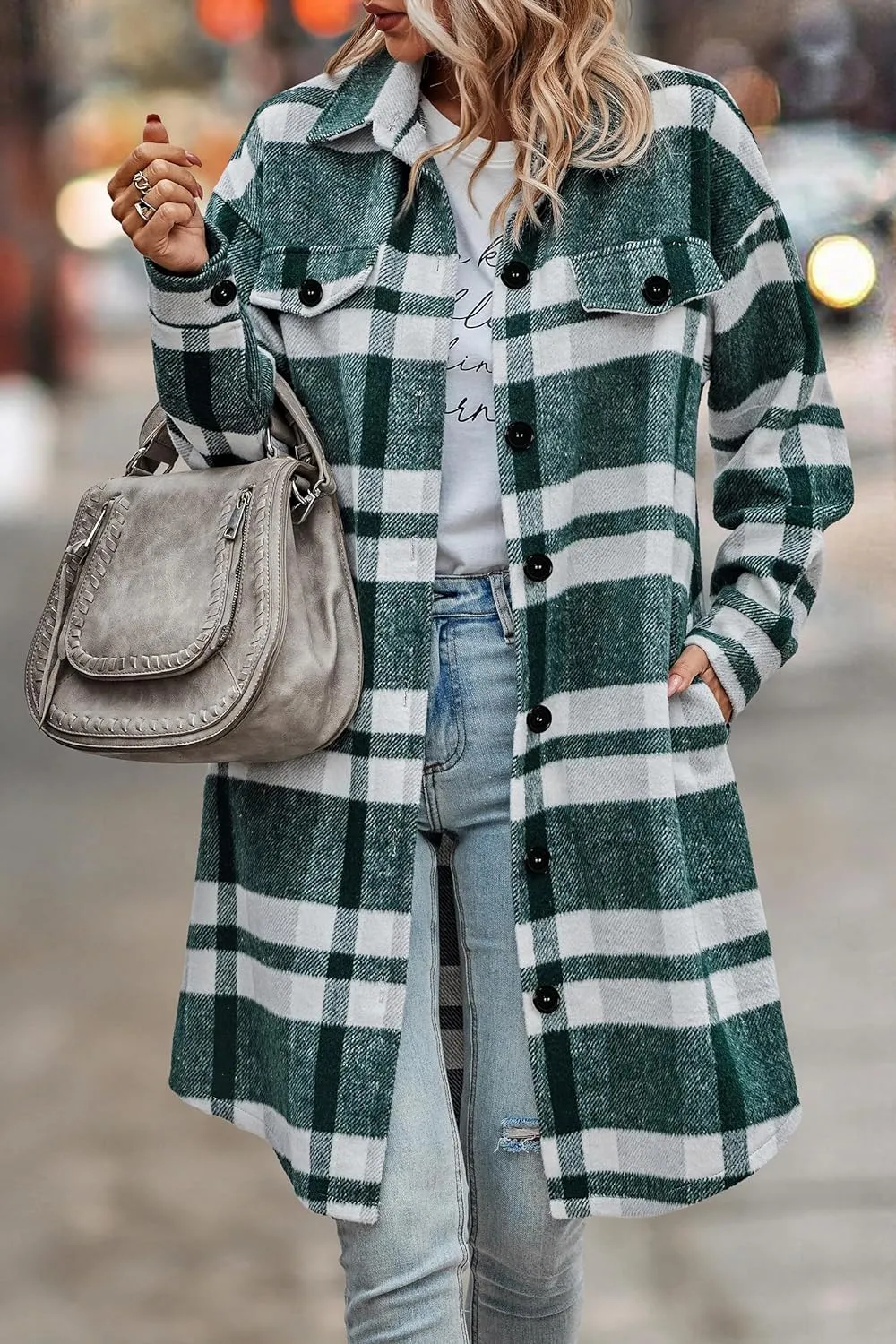 Women's Plaid Shacket 2023 Long Sleeve Button Up Flannel Shirt Winter Tartan Jacket Woolen Coats