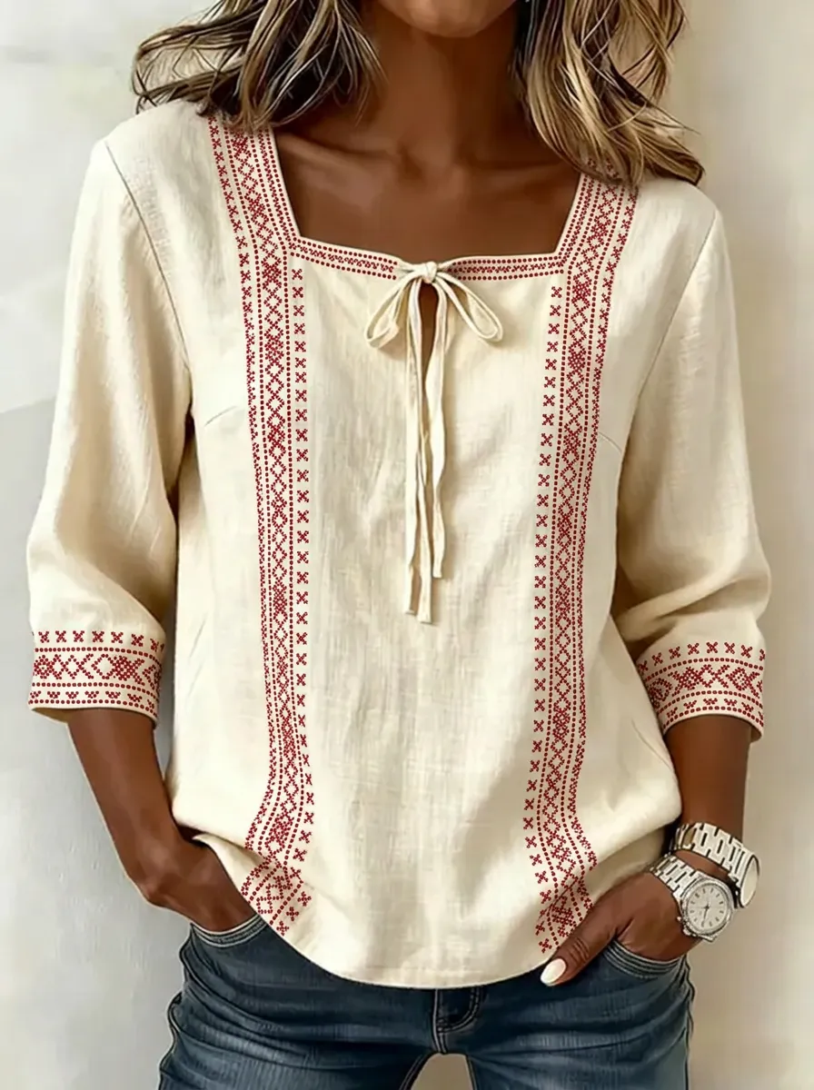 Women's Nashville Travel Red Geometric Pattern Printed Square Neck Top