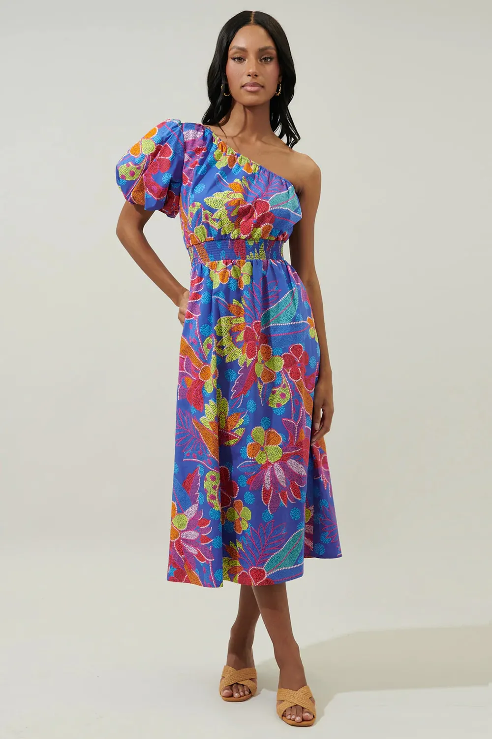 Blue Bridgette One Shoulder Midi Dress