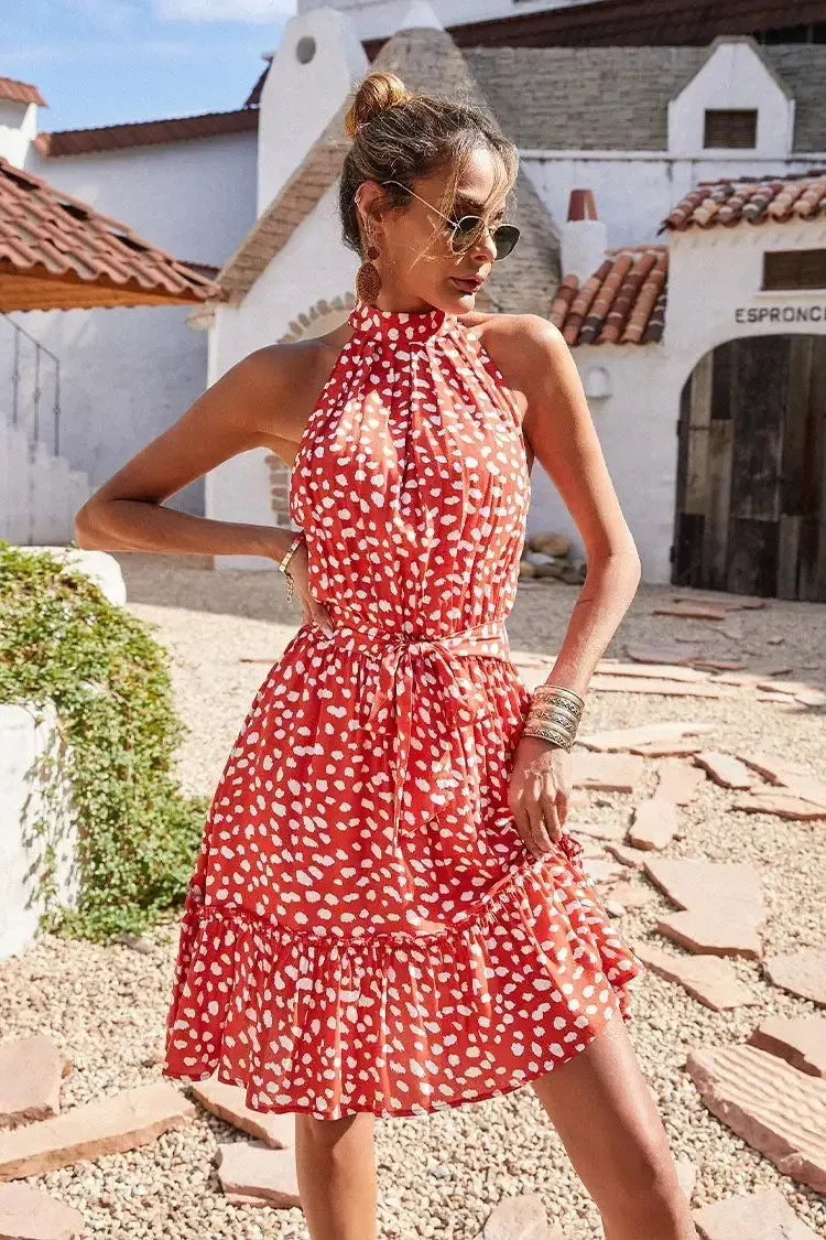 Halter Neck Summer Loose Sleeveless  Ruffle Belt Boho Floral Dress