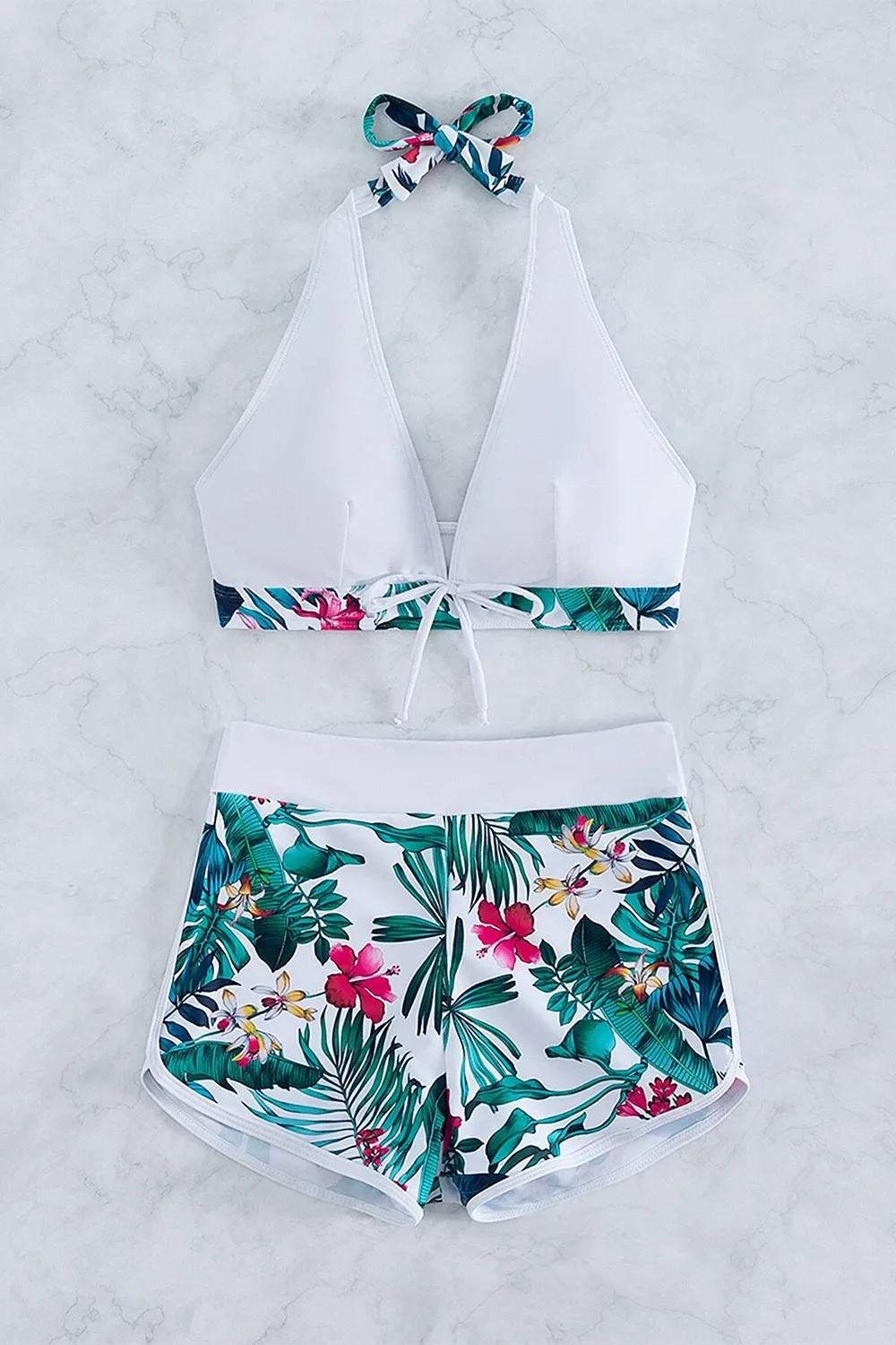 Swim Tropical Print Bikini Set Halter Bra & Boxer Shorts 2 Piece Swimsuit