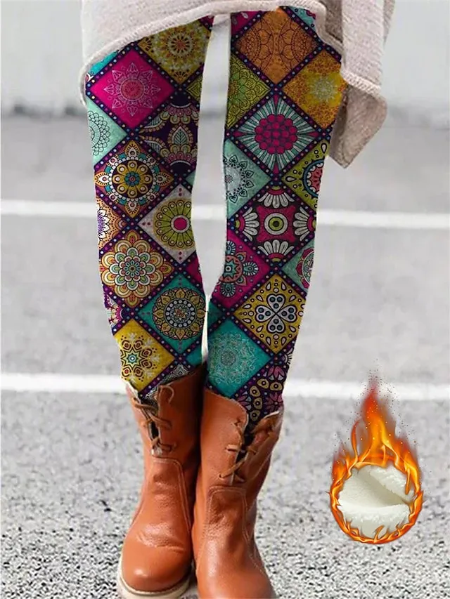 Women‘s Fleece-lined Leggings Fuchsia Rainbow Light Blue Mid Waist Casual Weekend Print Stretchy Full Length Winter Leggings Tummy Control Flower / Floral S M L XL 2XL / Skinny Winter