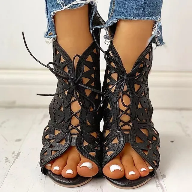 Women's Sandals Gladiator Sandals Roman Sandals Plus Size Outdoor Daily Beach Summer Lace-up Flat Heel Peep Toe Vintage Classic Casual Faux Leather Lace-up Solid Color Black White Brown