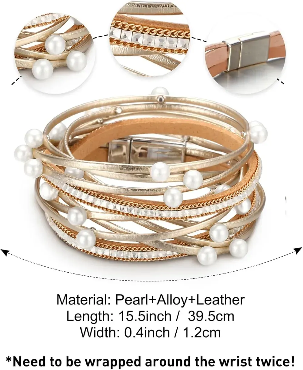 Fesciory Leather Wrap Bracelets for Women, Boho Leopard Multi-Layer Crystal Beads Cuff Bracelet Jewelry