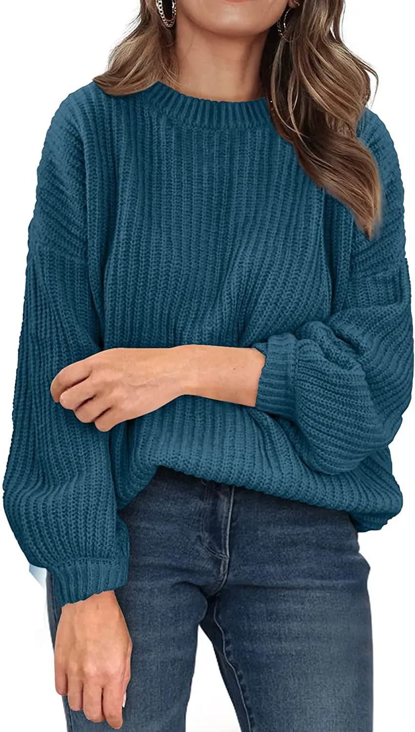 Women's Crew Neck Loose Drop Shoulder Lantern Sleeve Casual Solid Color Knit Pullover Sweater
