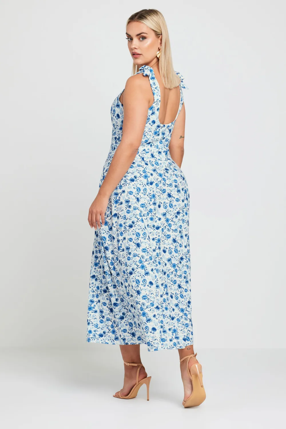 YOURS Curve Blue Floral Print Bow Strap Midaxi Dress