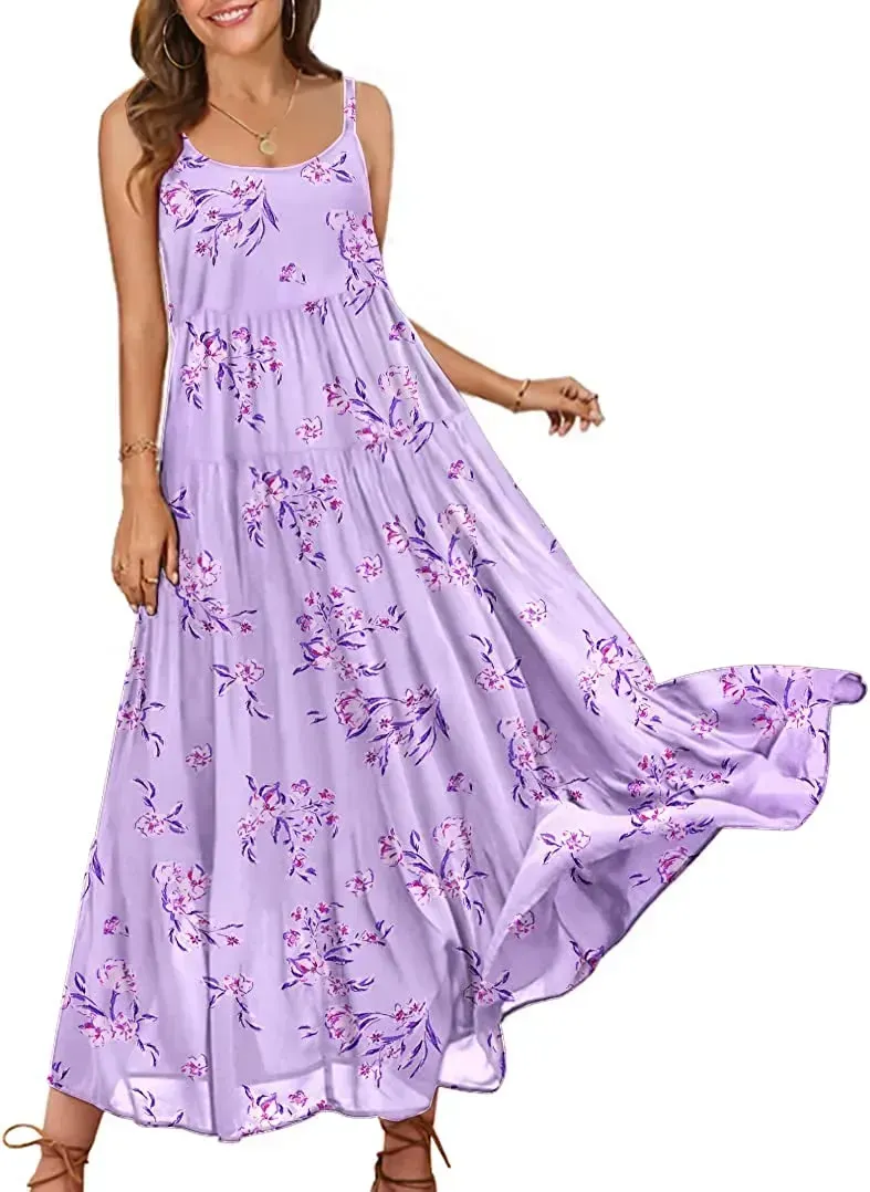 Summer Dresses for Women Casual Loose Bohemian Floral Dress with Pockets Spaghetti Strap Maxi Dress E75