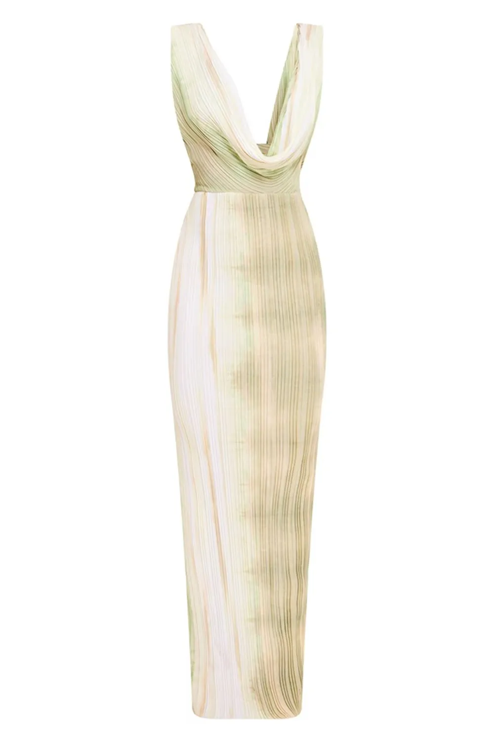 Orange Abstract Print Plisse Cowl Plunge Maxi Dress