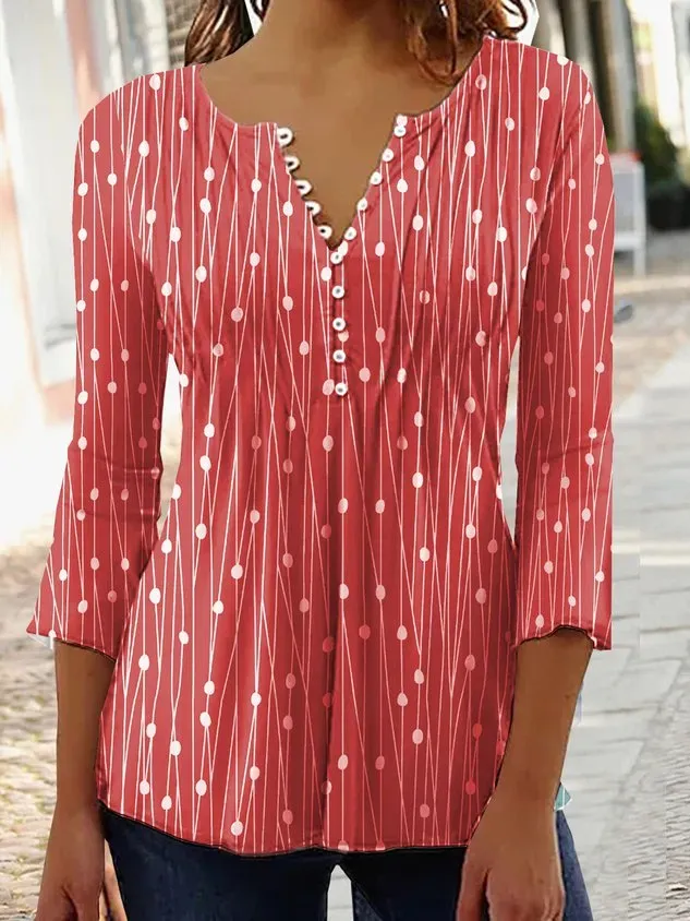 Women Geometric Casual Autumn V neck Daily Three Quarter Regular Regular Regular Size Tops