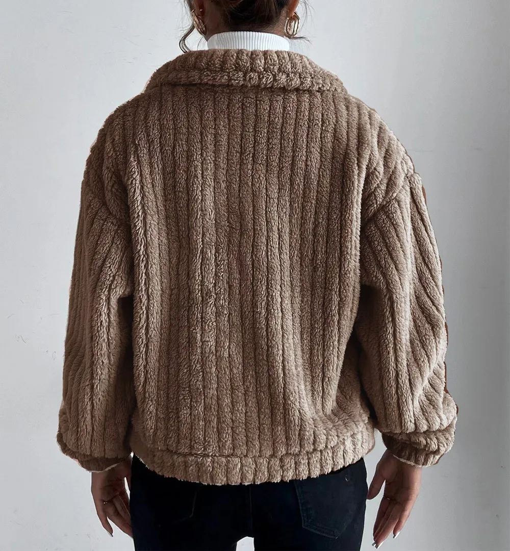 Solid Front Pockets Lapel Plush Coat