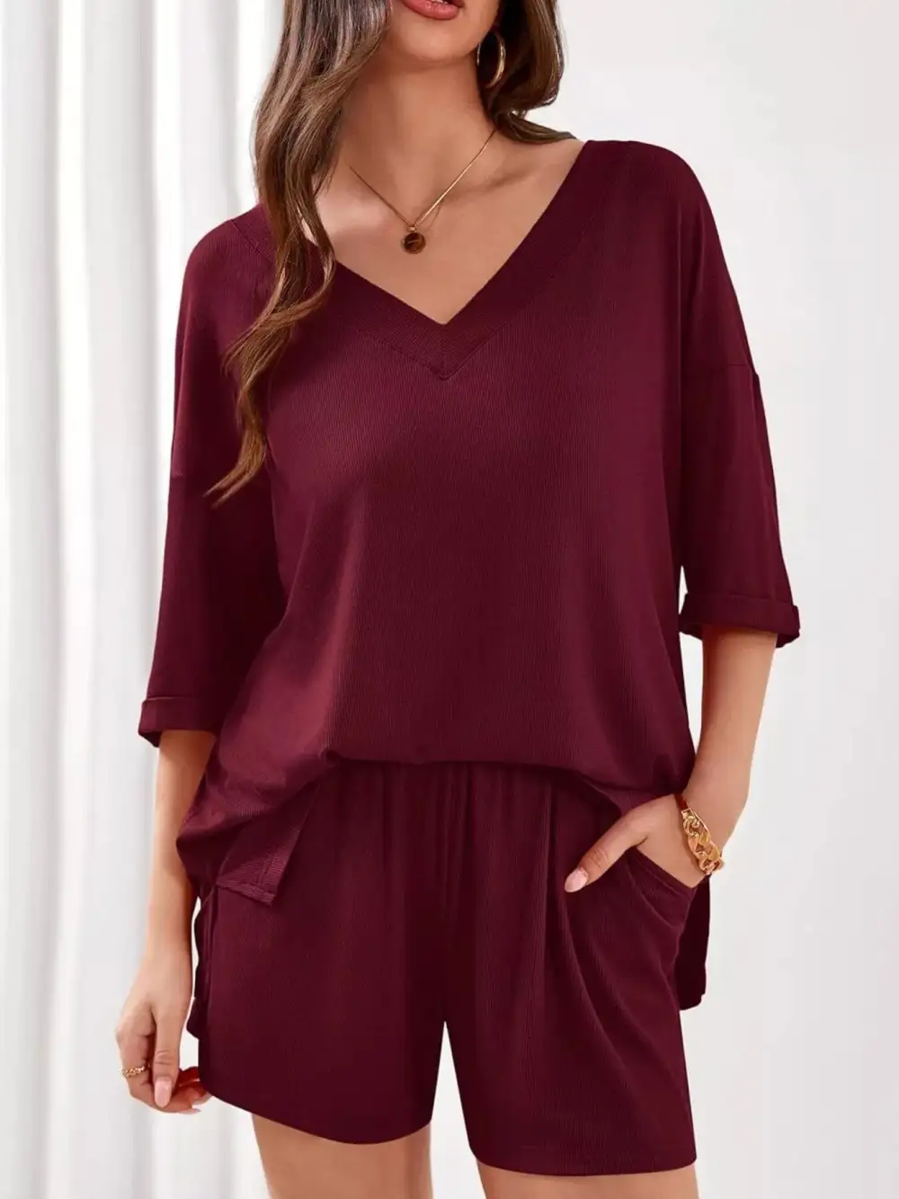 Casual V Neck Top Shorts Set
