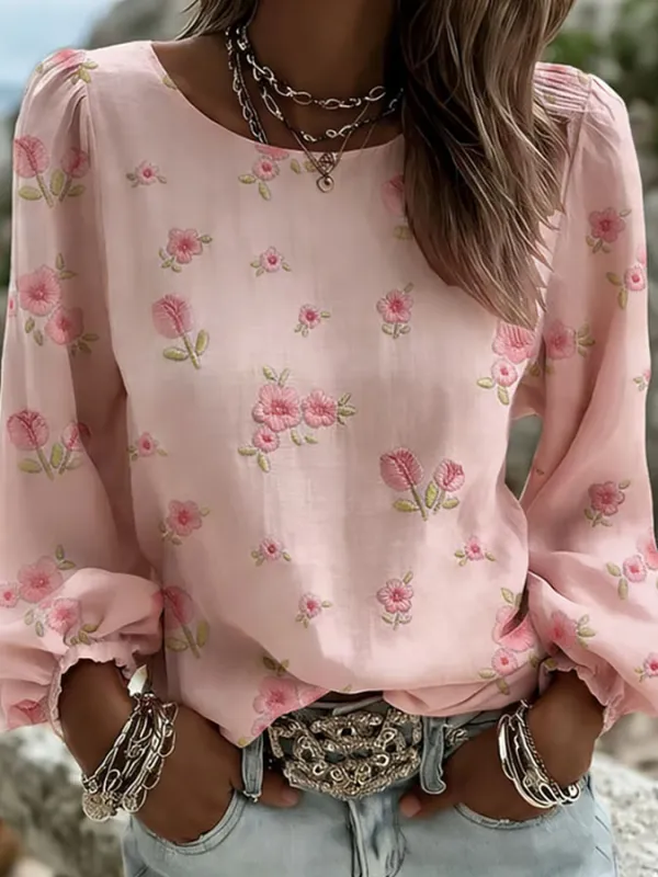 Women'S Floral Art Printed Casual Long Sleeved Shirt