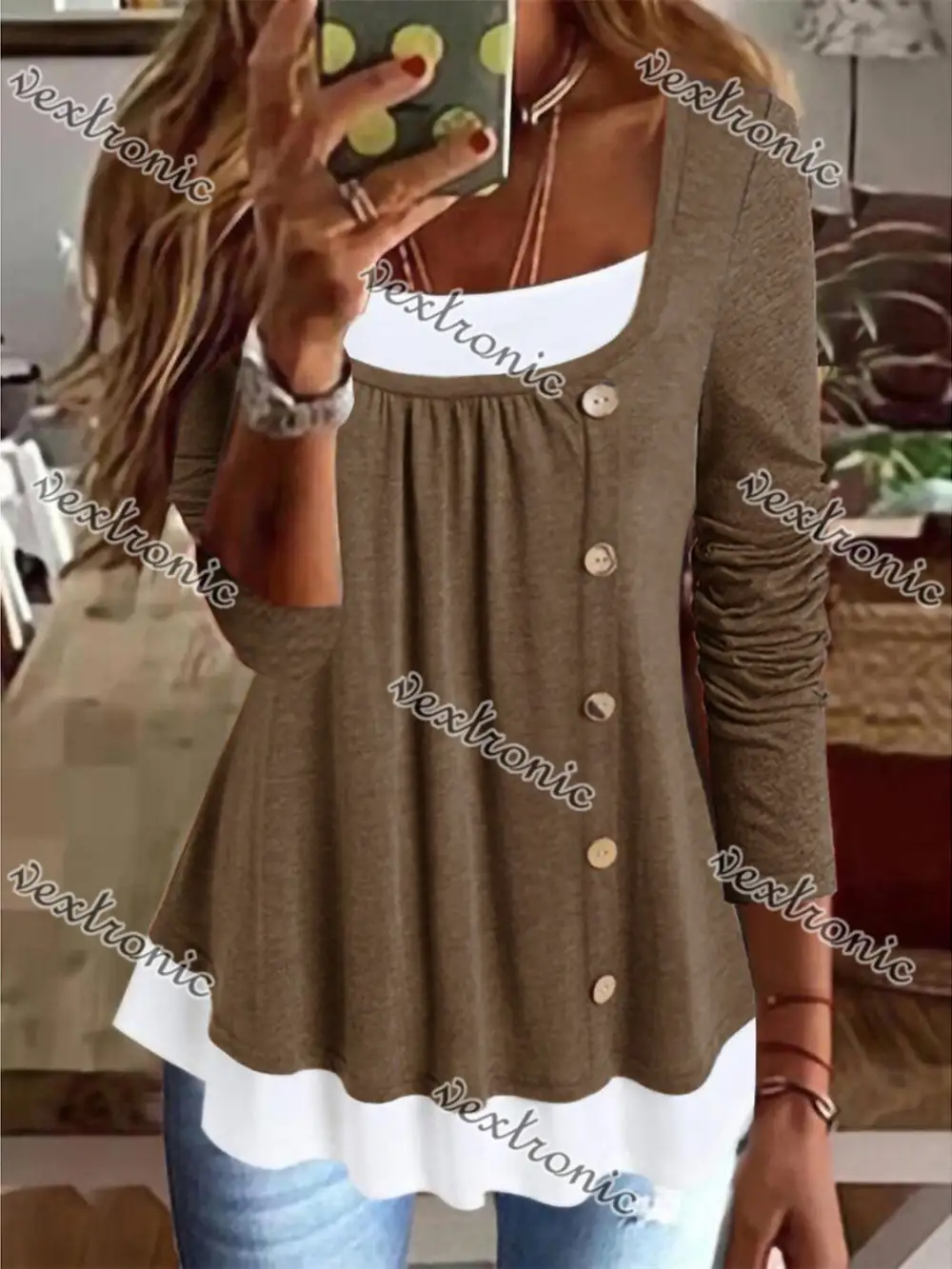Women's Long Sleeve U-Neck Buttons Top