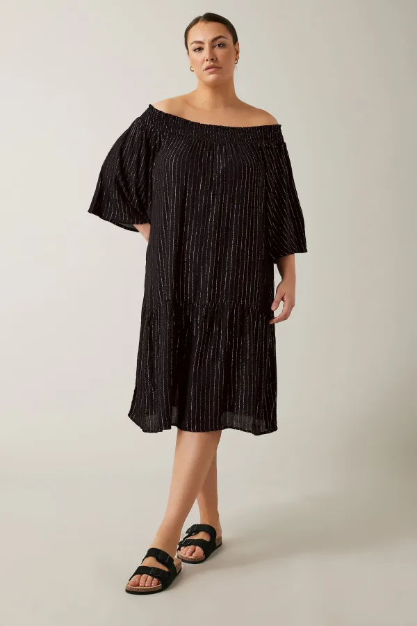 Evans Black Metallic Stripe Tiered Midi Beach Dress