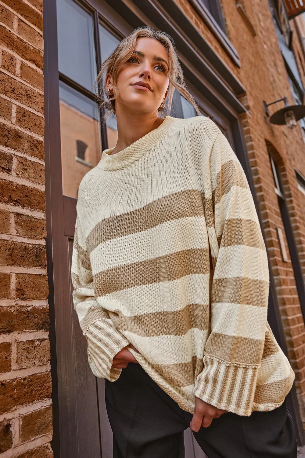 YOURS Curve Cream & Beige Stripe Jumper