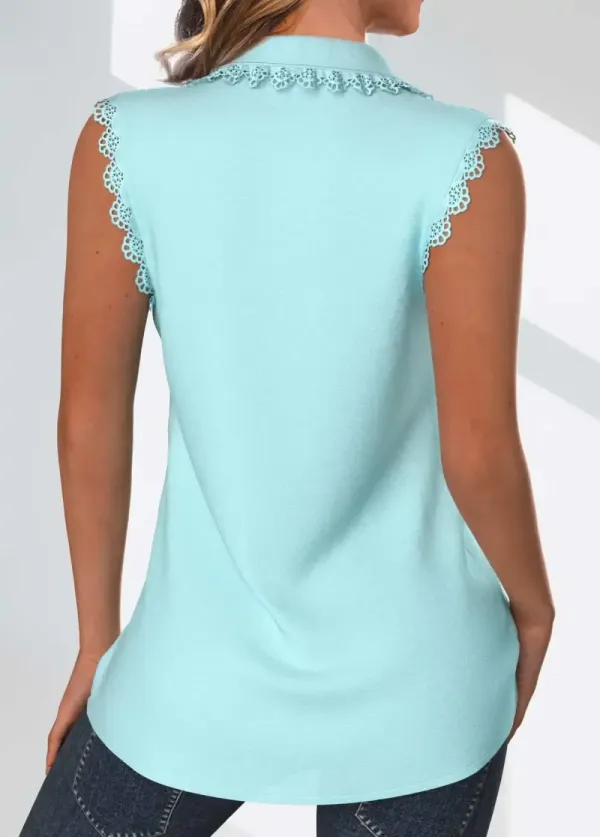 Light Blue Tuck Stitch Sleeveless Shirt Collar Tank Top