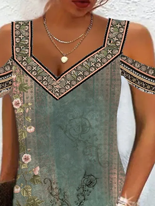 Women's Casual Dress Ethnic Dress Summer Dress Floral Tribal Cut Out Print V Neck Mini Dress Active Fashion Outdoor Daily Short Sleeve Regular Fit Red Blue Green Summer Spring S M L XL XXL