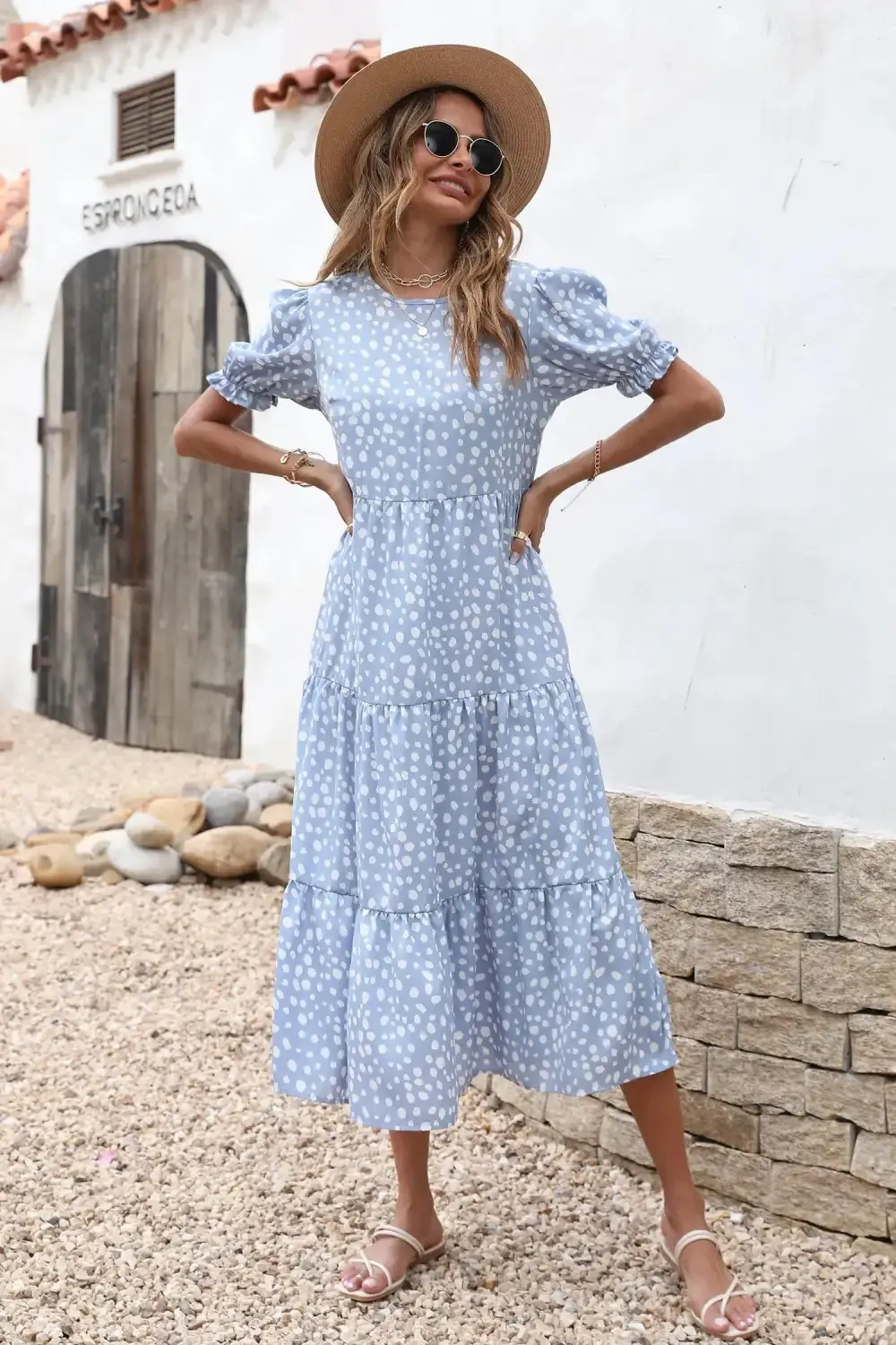 Floral Print Ruffle Puff Sleeve High Waist Midi Dresses