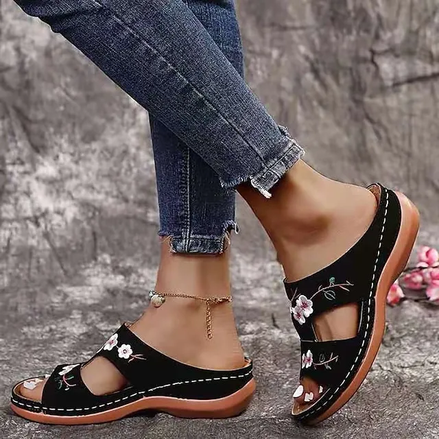 Women's Sandals Comfort Shoes Outdoor Slippers Outdoor Daily Summer Embroidery Wedge Heel Open Toe Casual Chinoiserie Walking Shoes Faux Leather Loafer Floral Black Red Brown