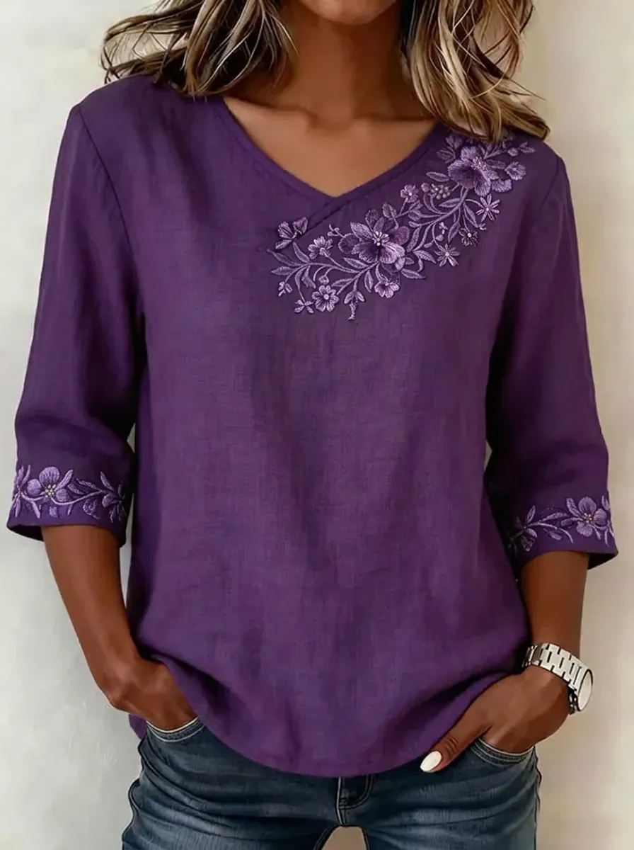 Women's Nashville Floral Embroidery Printed V-neck Top