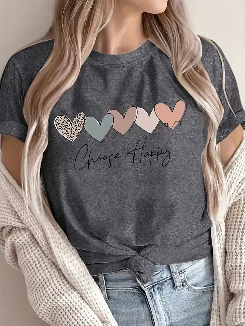 Plus Size Heart & Letter Print T-Shirt, Casual Short Sleeve Top For Spring & Summer, Women's Plus Size Clothing